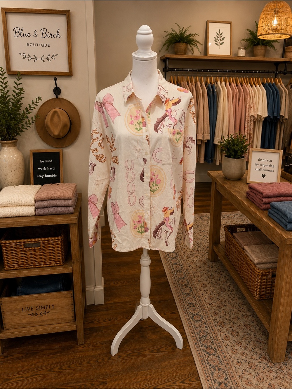 Bailey Rose Western Cowboy Bow Print Button-Up Shirt Size Medium